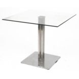 Contemporary square glass and chrome dining table, 75cm H x 85cm W x 85cm D : For further