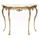 Gilt brass and onyx serpentine console table the base cast with maiden heads, 79cm H x 101cm W x