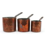 Three 19th century copper saucepans by Jones Bros, Downing Street, the largest 24.5cm in length :