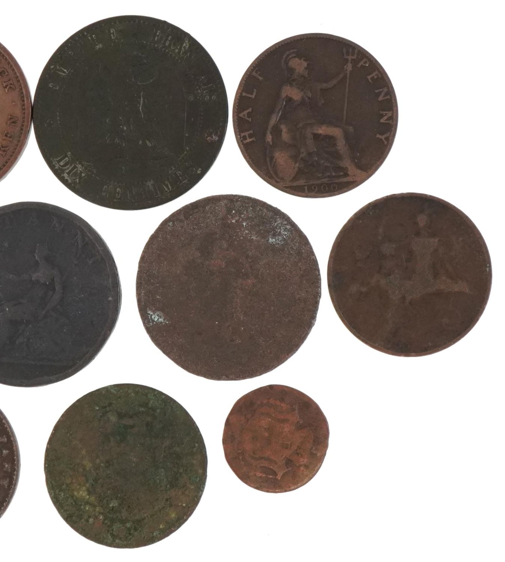 Antique copper coinage and tokens including Victoria Young Head 1843 New Brunswick halfpenny token : - Image 3 of 6