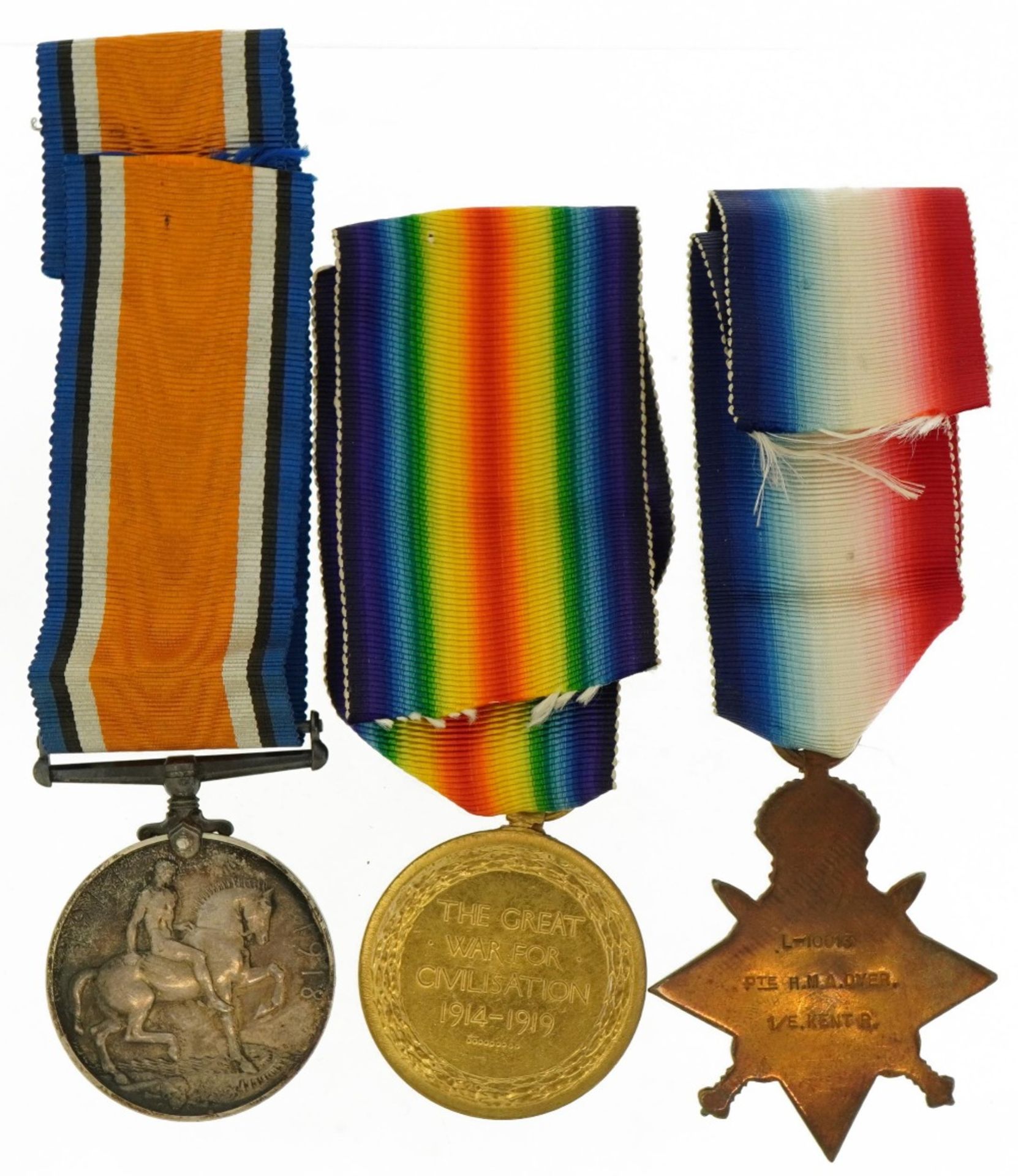 British military World War I trio with Mons star awarded to L-10013PTE.H.M.A.DYER.E.KENTR., - Image 3 of 7