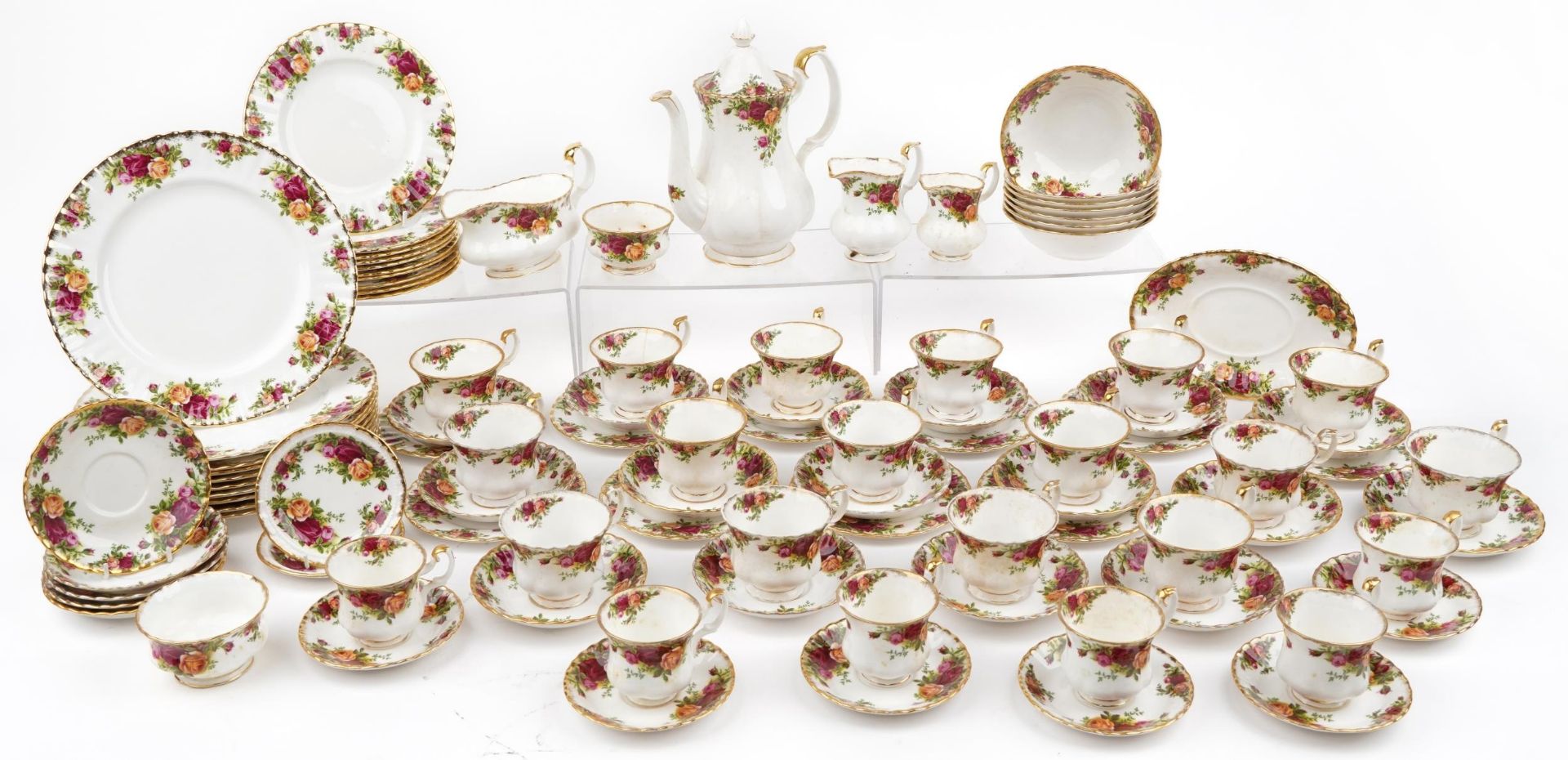 Royal Albert Old Country Roses dinner and teaware including coffee pot, trios, dinner plates and