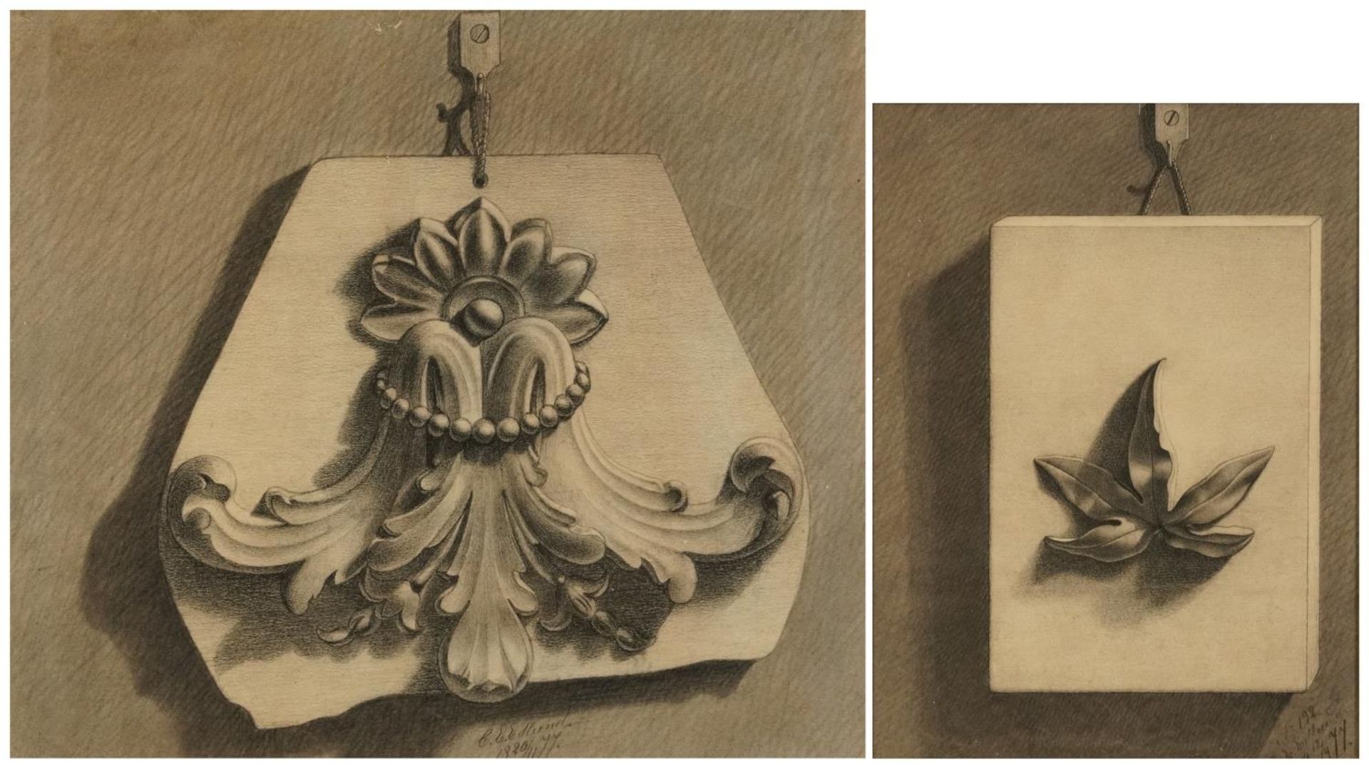 Ornate furniture moulding studies, pair of 19th century charcoals, each indistinctly signed and