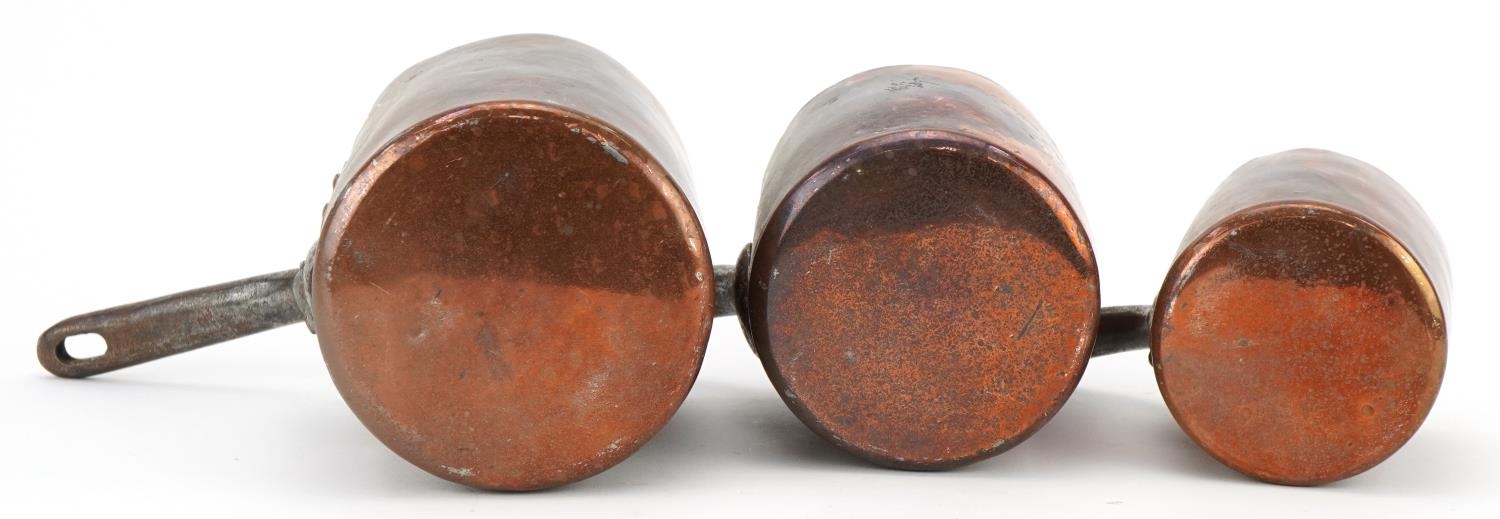 Three 19th century copper saucepans by Jones Bros, Downing Street, the largest 24.5cm in length : - Image 4 of 4