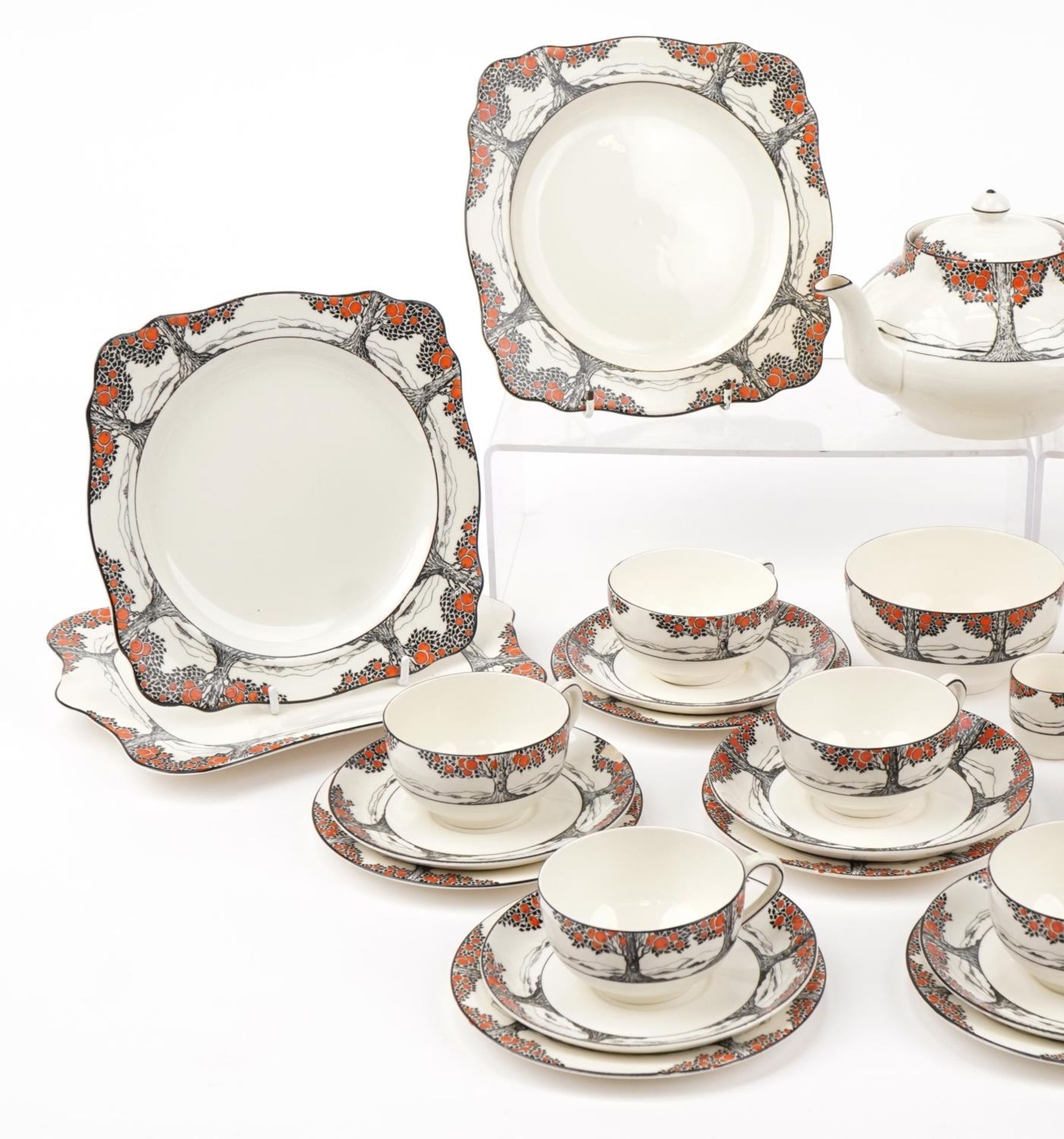 Crown Ducal Orange Tree dinnerware including teapot, cups and saucers, the largest 22.5cm in - Image 2 of 4