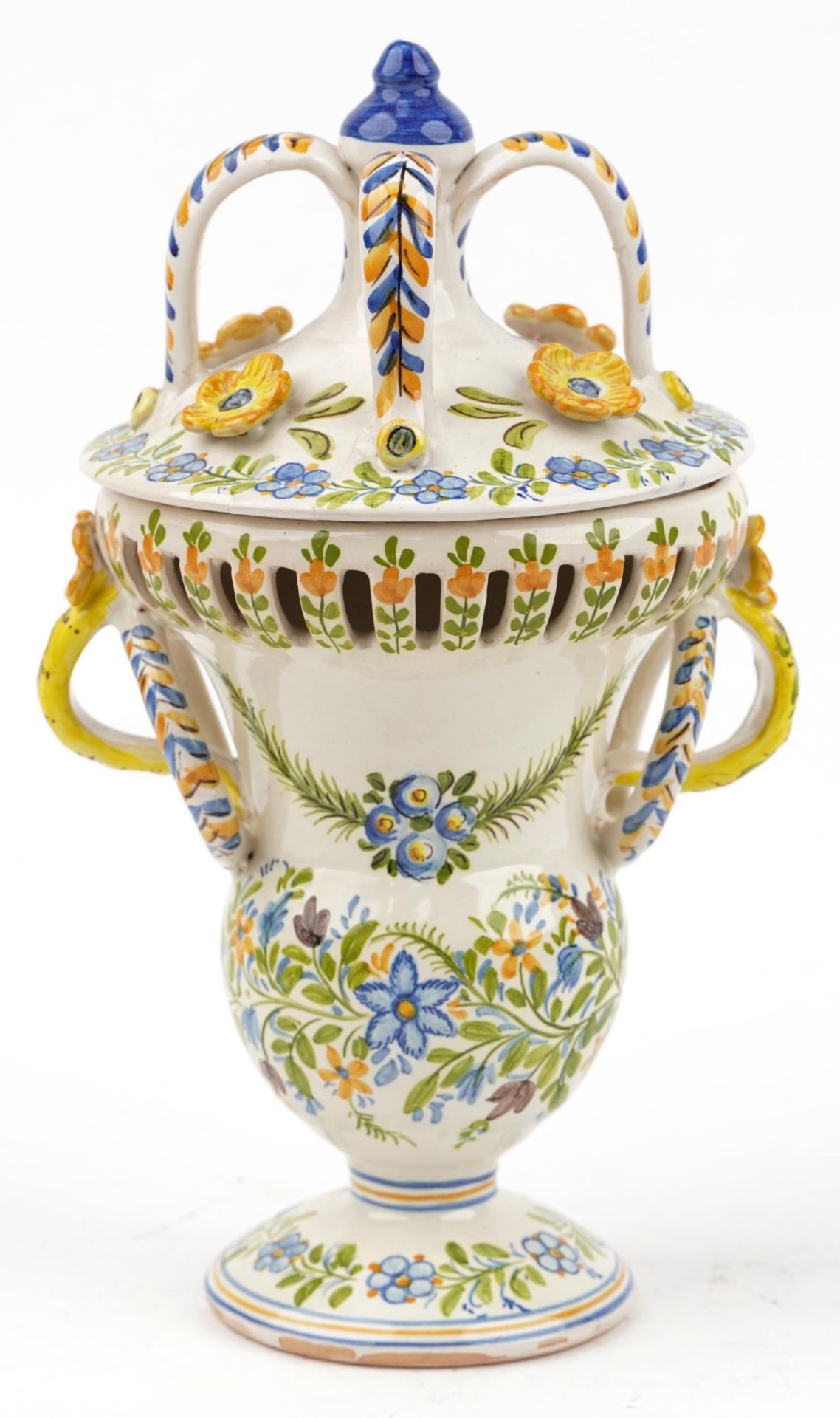 Manises, Spanish Maiolica pierced vase and cover with twin handles hand painted with stylised - Image 2 of 4