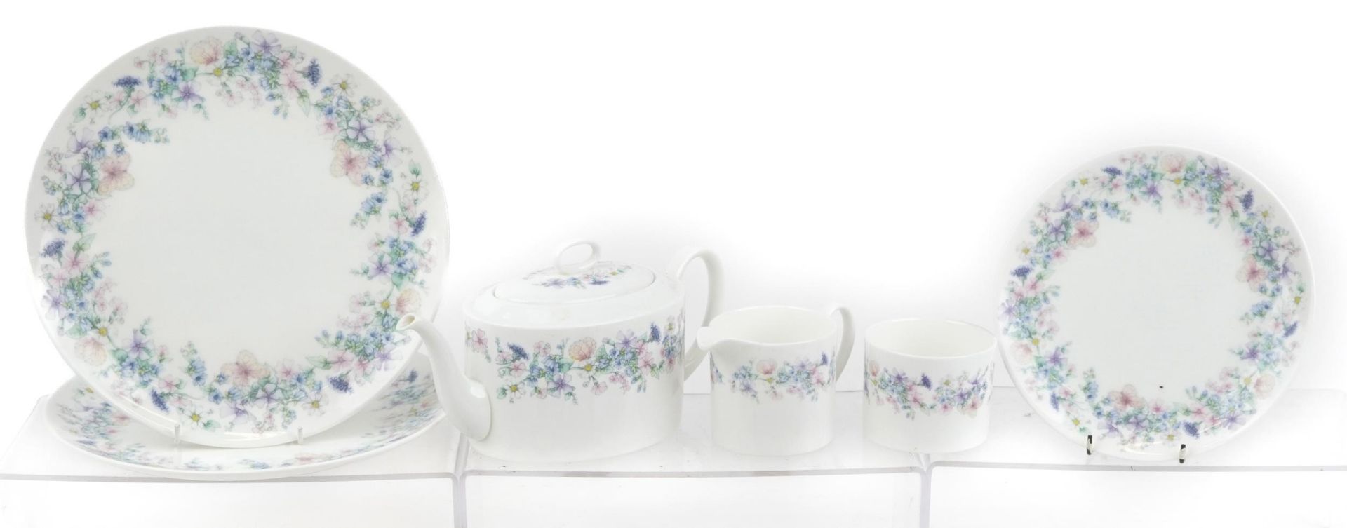 Wedgwood Angela teaware including teapot, milk jug, sugar bowl and trios, the largest 26cm in - Image 3 of 5