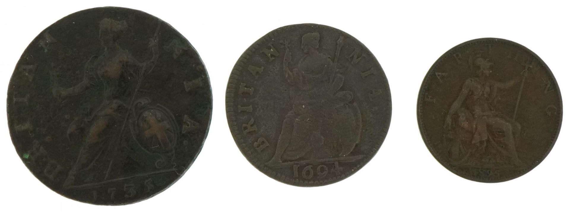 Three William & Mary and later copper coins comprising William & Mary 1694 farthing, George II - Image 2 of 2