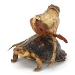 Taxidermy Steam Punk sculpture of a toad playing a guitar on a tortoise, 12cm high : For further
