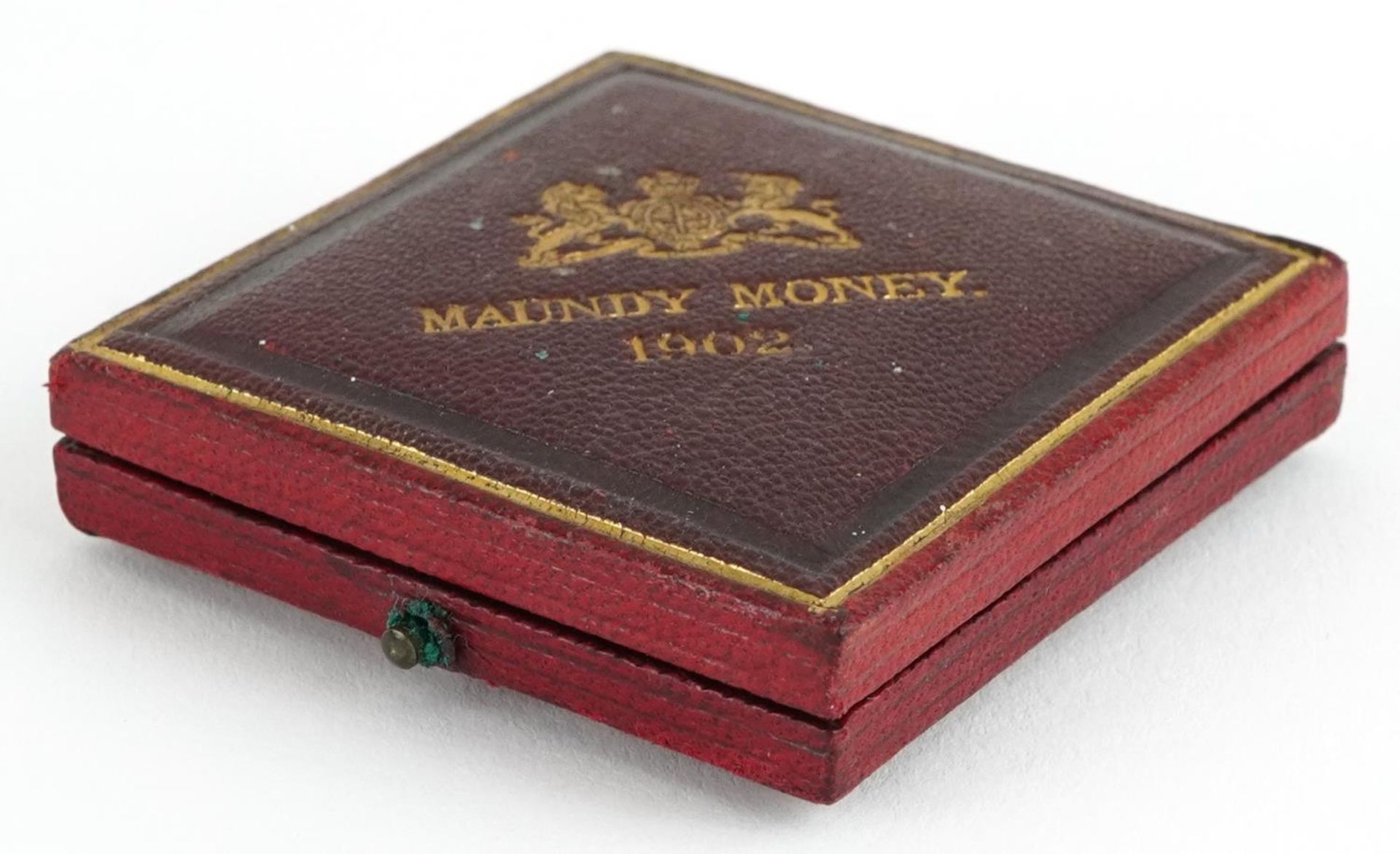 Edward VII 1902 Maundy four coin set housed in a silk and velvet lined fitted tooled leather - Image 4 of 4