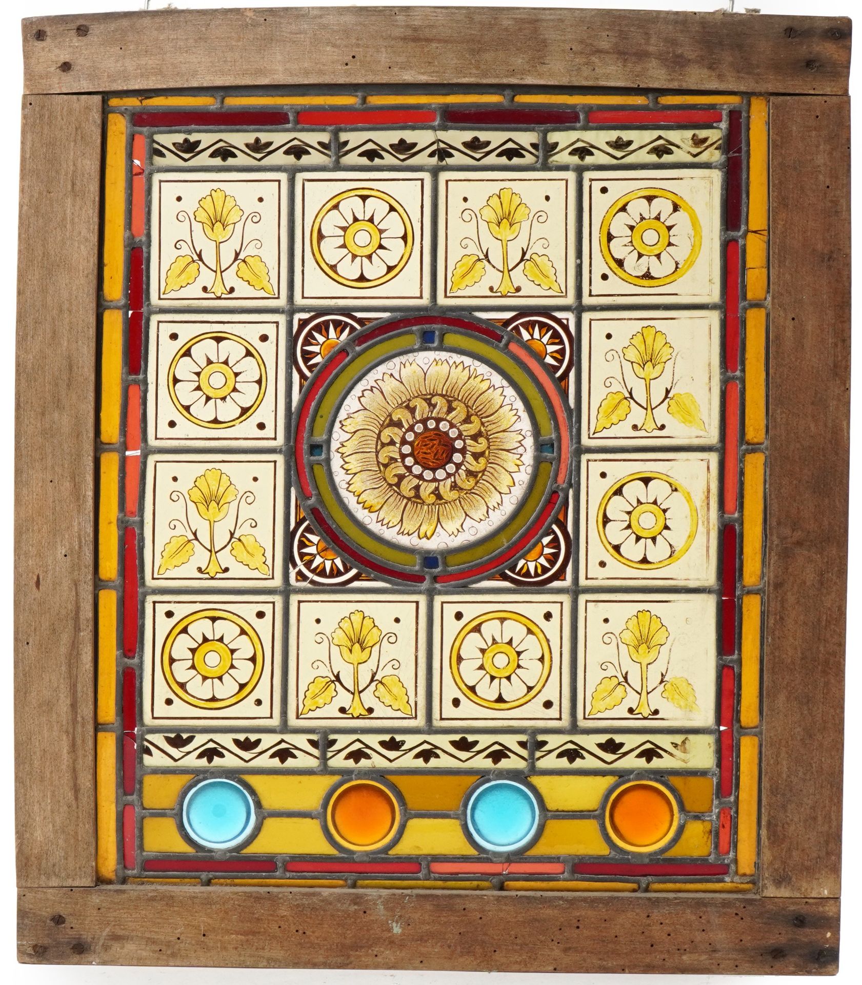 Arts & Crafts Pre Raphaelite leaded stained glass panel hand painted with stylised flowers housed in - Image 2 of 2