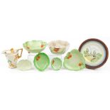 Decorative arts china including Carltonware leaf dishes and a Clarice Cliff plate decorated with a