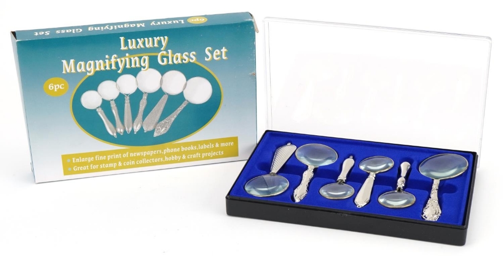 As new six piece magnifying glass set with case and box : For further information on this lot please