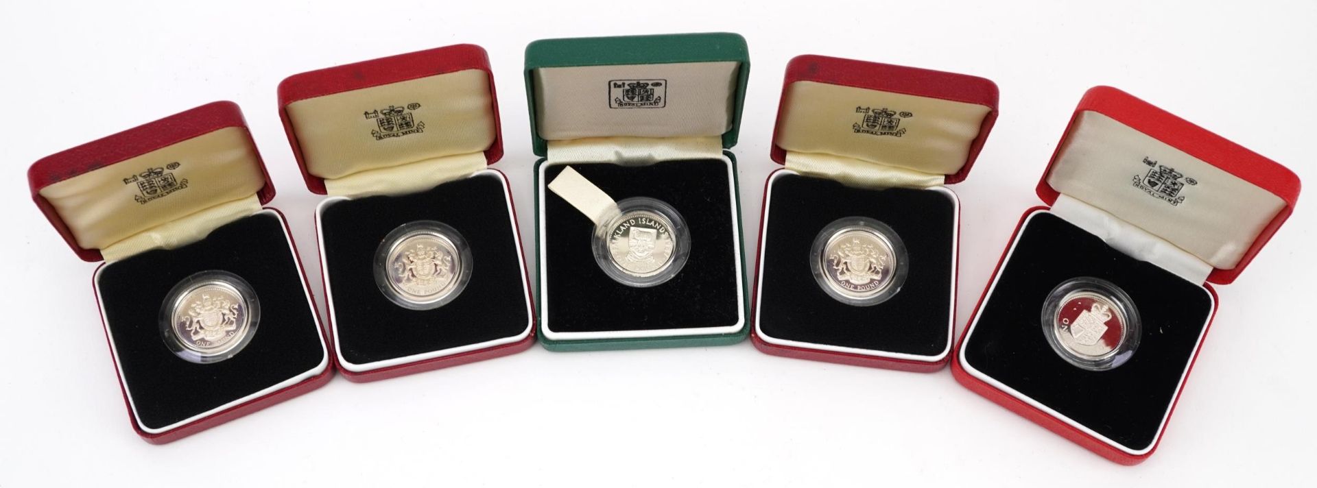 Five United Kingdom silver proof one pound coins by The Royal Mint and a Falkland Islands silver - Image 2 of 3