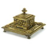 Victorian pierced brass desk inkwell with flower heads and ceramic liner, 16.5cm x 16.5cm : For