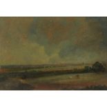 Manner of John Constable - Panoramic rural landscape, oil, inscribed in pencil verso, mounted,