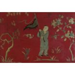 Figure holding a flag, flowers and butterflies, Chinese silk embroidery, framed and glazed, 58cm x