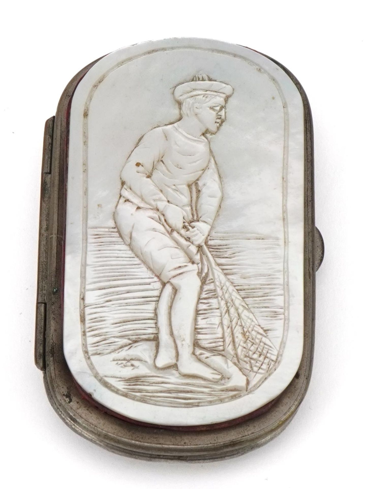 Early 20th century mother of pearl coin purse carved with a fisherman pulling in his catch, 8cm wide - Image 2 of 5