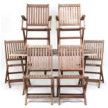 Folding teak garden table and six chairs, the table 72cm H x 150cm W x 85cm D : For further