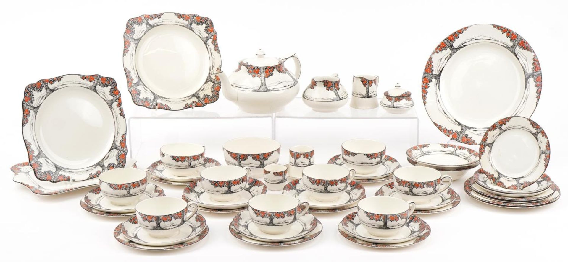 Crown Ducal Orange Tree dinnerware including teapot, cups and saucers, the largest 22.5cm in