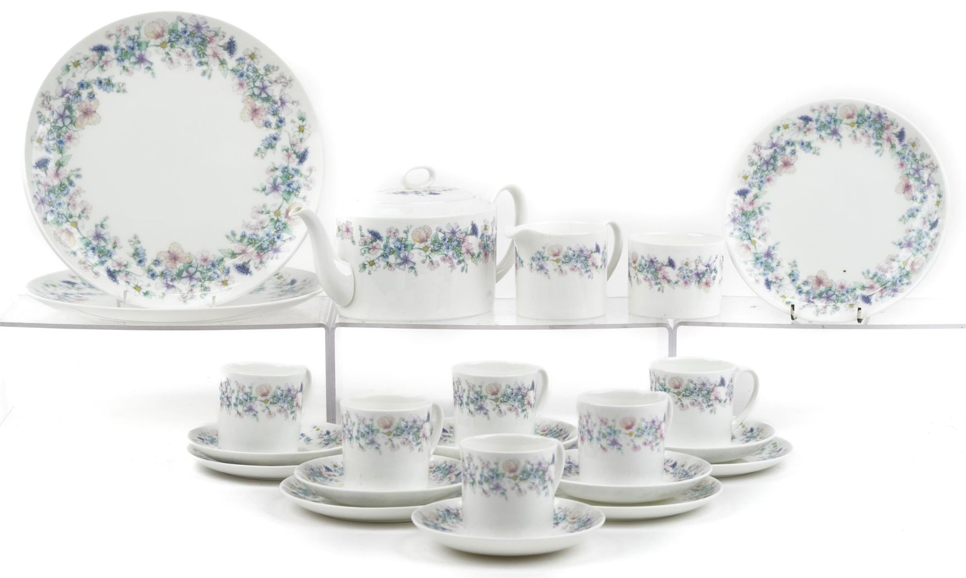 Wedgwood Angela teaware including teapot, milk jug, sugar bowl and trios, the largest 26cm in