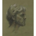 Head and shoulders portrait of a bearded gentleman, 1980s heightened charcoal, indistinctly