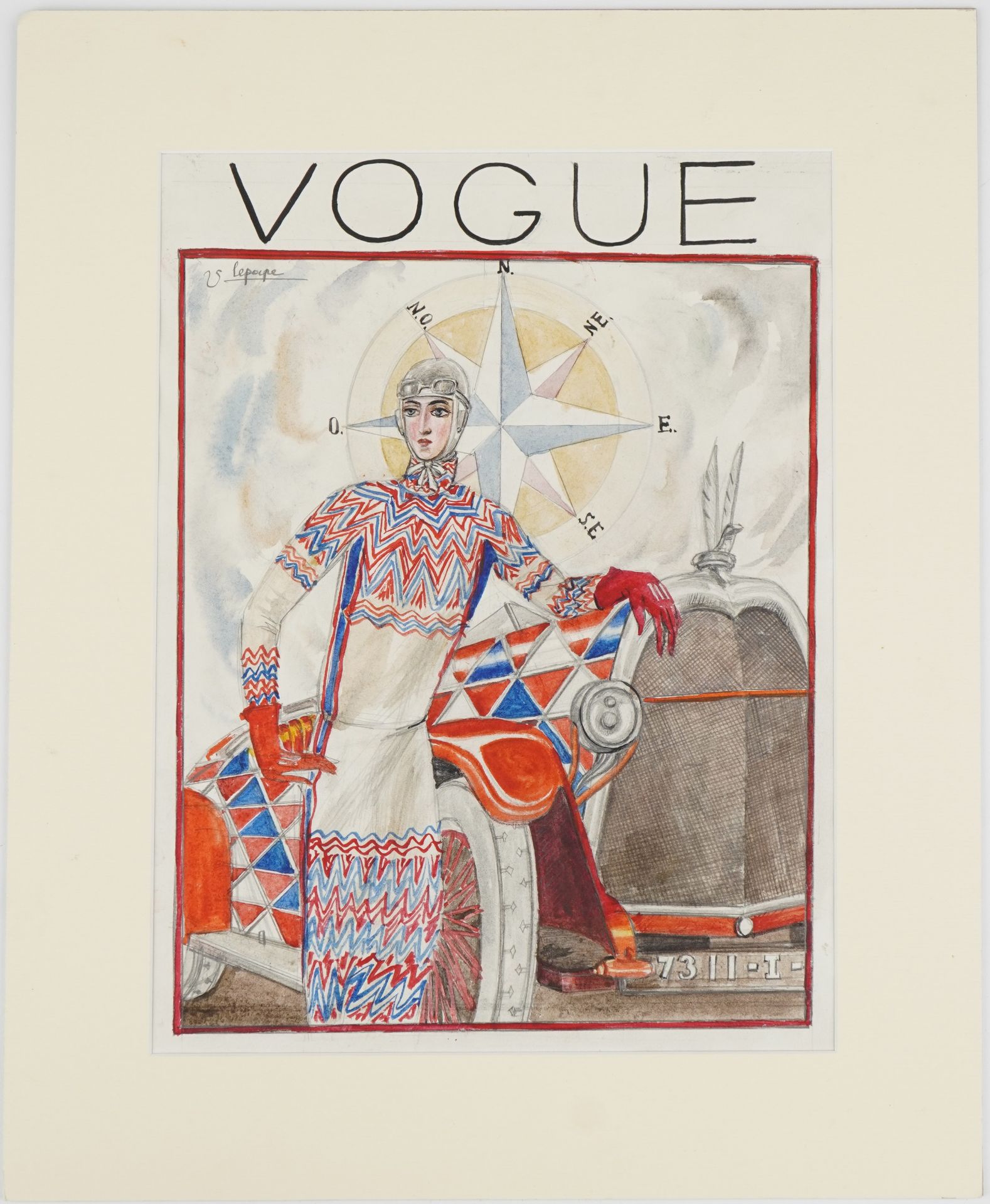 Georges Lepape - Vogue front cover, Sonia Delaunay before a classic car and compass, French - Image 2 of 5