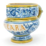 19th century Italian Maiolica jug hand painted with flowers, inscribed Bevicara, 10cm high : For