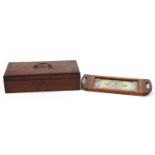 Rectangular inlaid butterfly wing tray and a Victorian mahogany document box with brass handle,