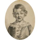 Head and shoulders portrait of a young child, 19th century oval charcoal, various indistinct