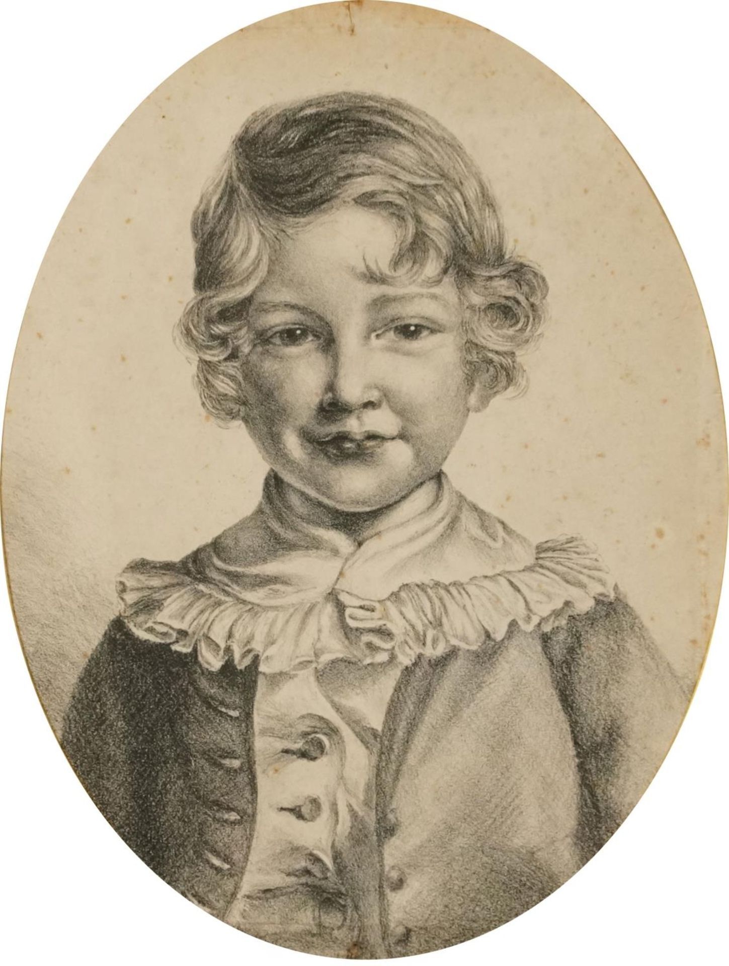 Head and shoulders portrait of a young child, 19th century oval charcoal, various indistinct