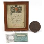 British military World War one death plaque with certificate awarded to Company Sergeant Major