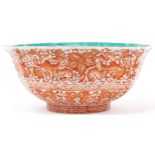 Chinese porcelain flower head bowl hand painted in iron red with mythical animals amongst flowers,