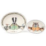 Two Rye Iden Pottery oval platters hand painted with stylised badger and owl, the largest 45cm