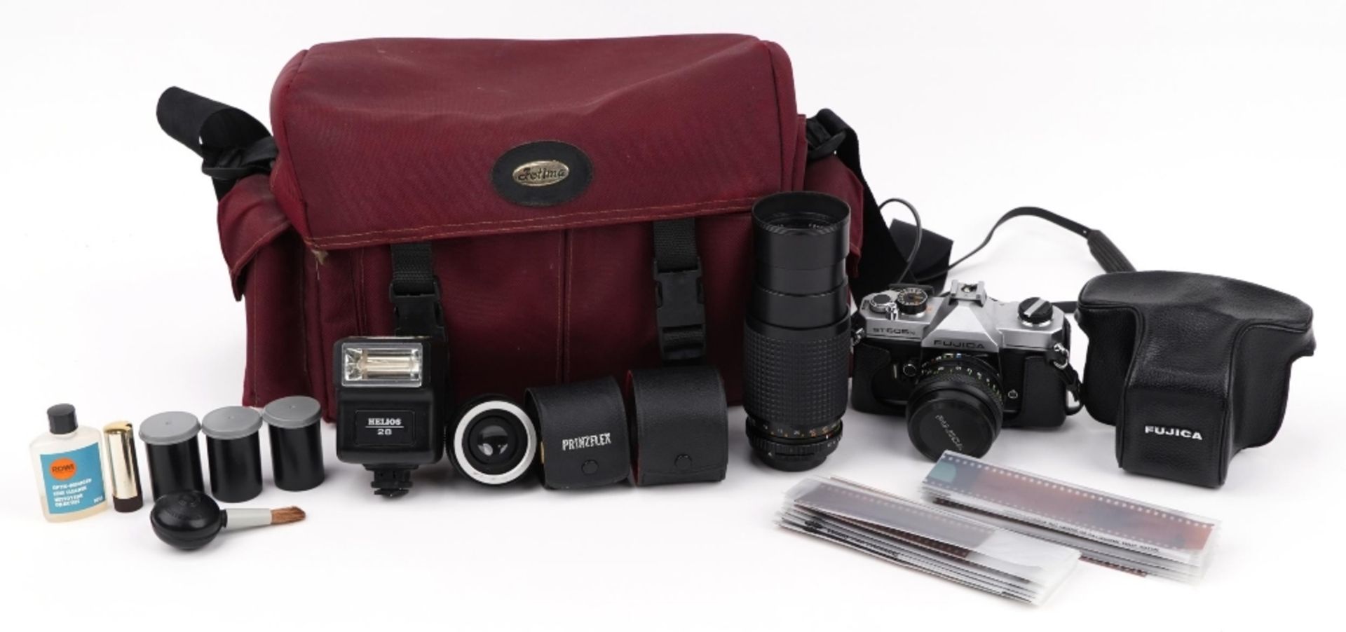 Fujica ST 605N SLR camera with 55mm lens, Osawa 80-205mm lens, accessories and carry bag : For
