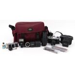 Fujica ST 605N SLR camera with 55mm lens, Osawa 80-205mm lens, accessories and carry bag : For