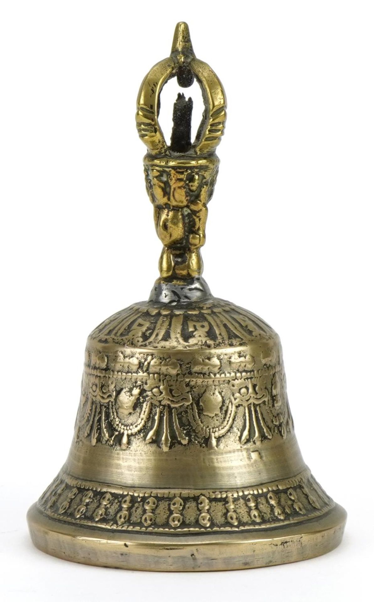 Antique Tibetan brass bell, 16cm high : For further information on this lot please visit