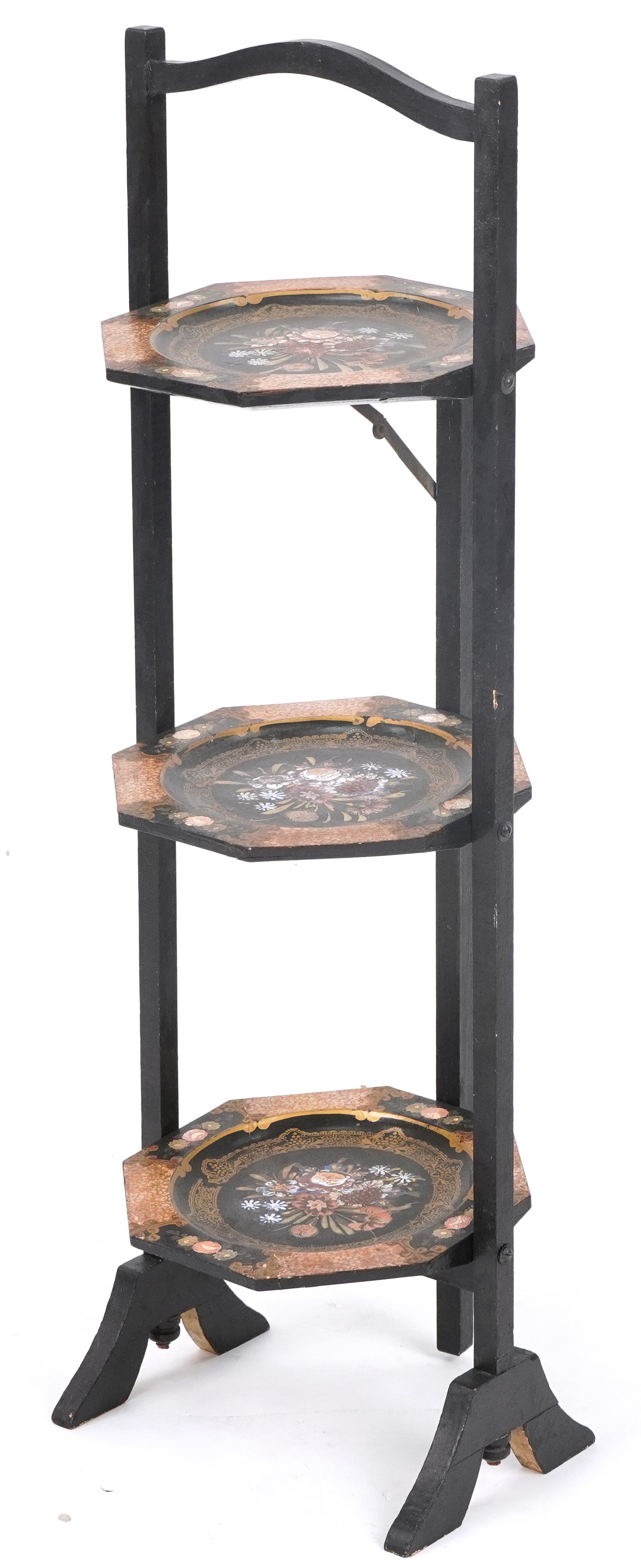 Hand painted ebonised three tier folding cake stand, 80cm high : For further information on this lot - Image 2 of 4