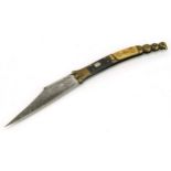 Spanish brass navaja knife with horn mounts and steel blade impressed Batisse, 27cm in length when