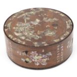 Chinese cylindrical hardwood container with mother of pearl inlay and lift out divisional tray,