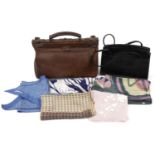 Vintage bags and scarves comprising a brown leather doctor's bag, Middx lizard skin handbag and five