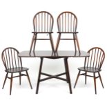 Ercol elm drop leaf dining table and four stick back chairs 72cm H x 74cm D x 65cm W extending to
