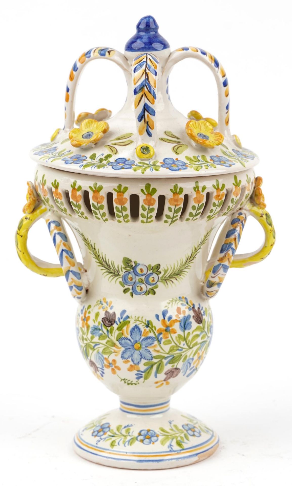 Manises, Spanish Maiolica pierced vase and cover with twin handles hand painted with stylised