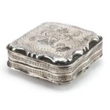 Antique continental silver snuff box, the hinged lid engraved with flowers, indistinct impressed