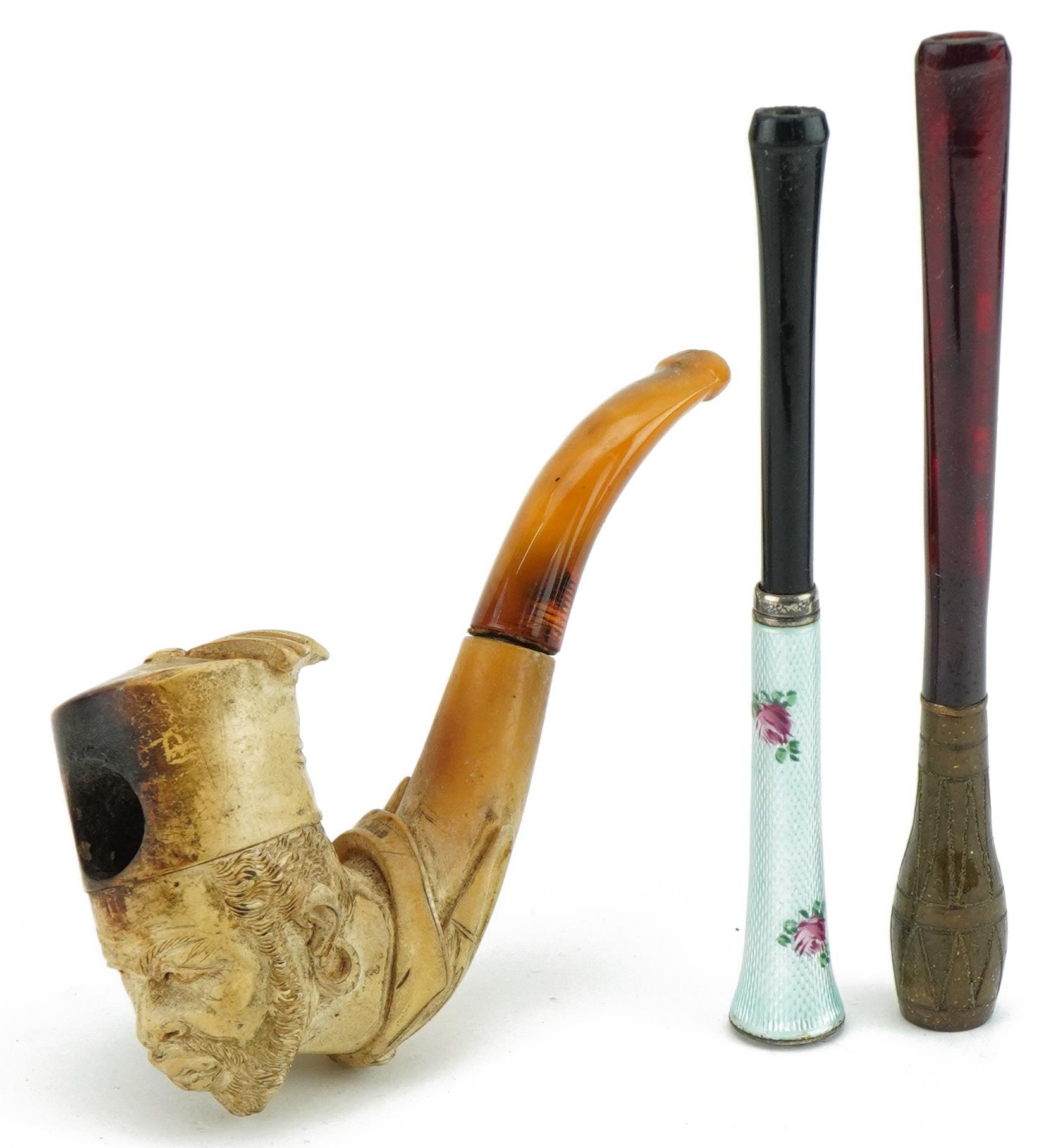 19th century Meerschaum smoking pipe with amber coloured mouthpiece in the form of a man wearing a - Image 2 of 4