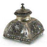 William Comyns & Sons, Edwardian silver overlaid cut glass inkwell, pierced and embossed with