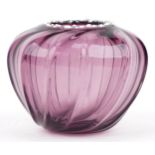 Amethyst writhen art glass vase with white rim, indistinctly signed, 14.5cm high : For further