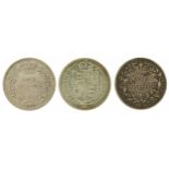 Three William IV and later silver shillings comprising 1836, 1838 no die number WW on trun and