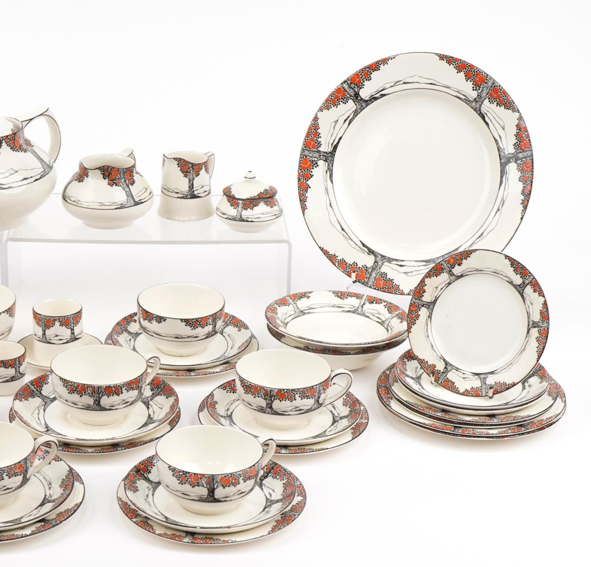 Crown Ducal Orange Tree dinnerware including teapot, cups and saucers, the largest 22.5cm in - Image 3 of 4