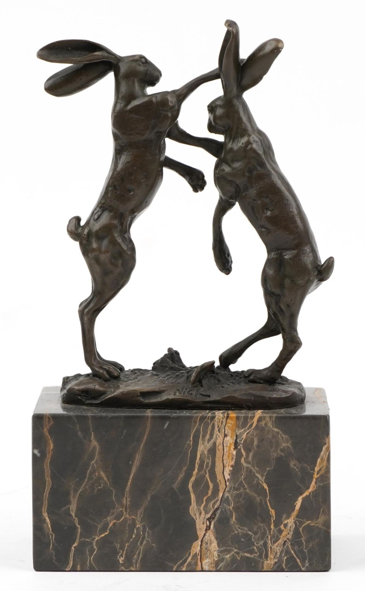 Pair of patinated bronze boxing hares signed Nick, raised on a rectangular marble block base, 24cm - Image 2 of 5
